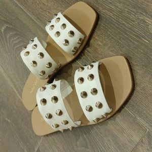 NEW, NEVER WORN!  White, Flat, Nine West, Silver Studded Sandal